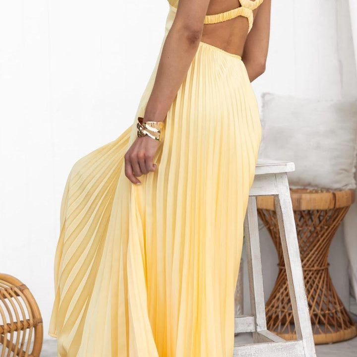 Criss Cross Back Yellow Pleated Maxi Dress