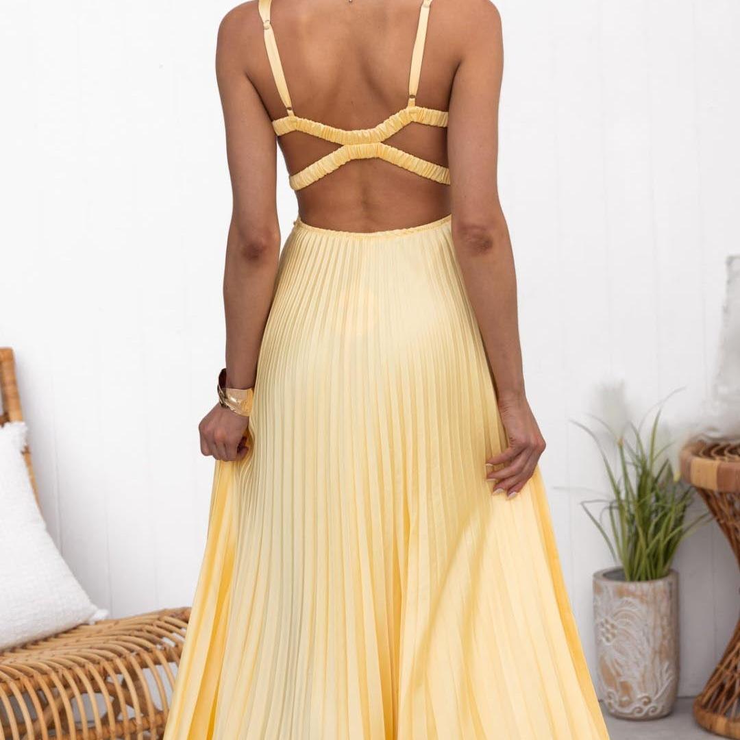 Criss Cross Back Yellow Pleated Maxi Dress