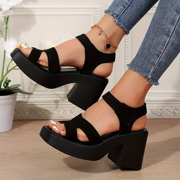 Black Suede-Look Block Heel Platform Sandals