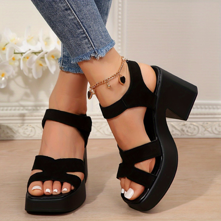 Black Suede-Look Block Heel Platform Sandals