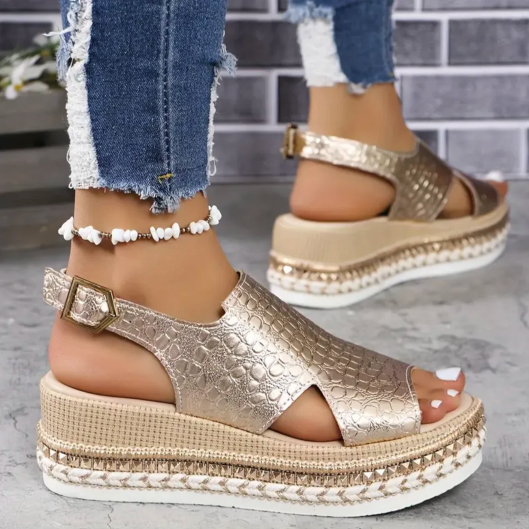 Croc-Embossed Espadrille Flatform Sandals