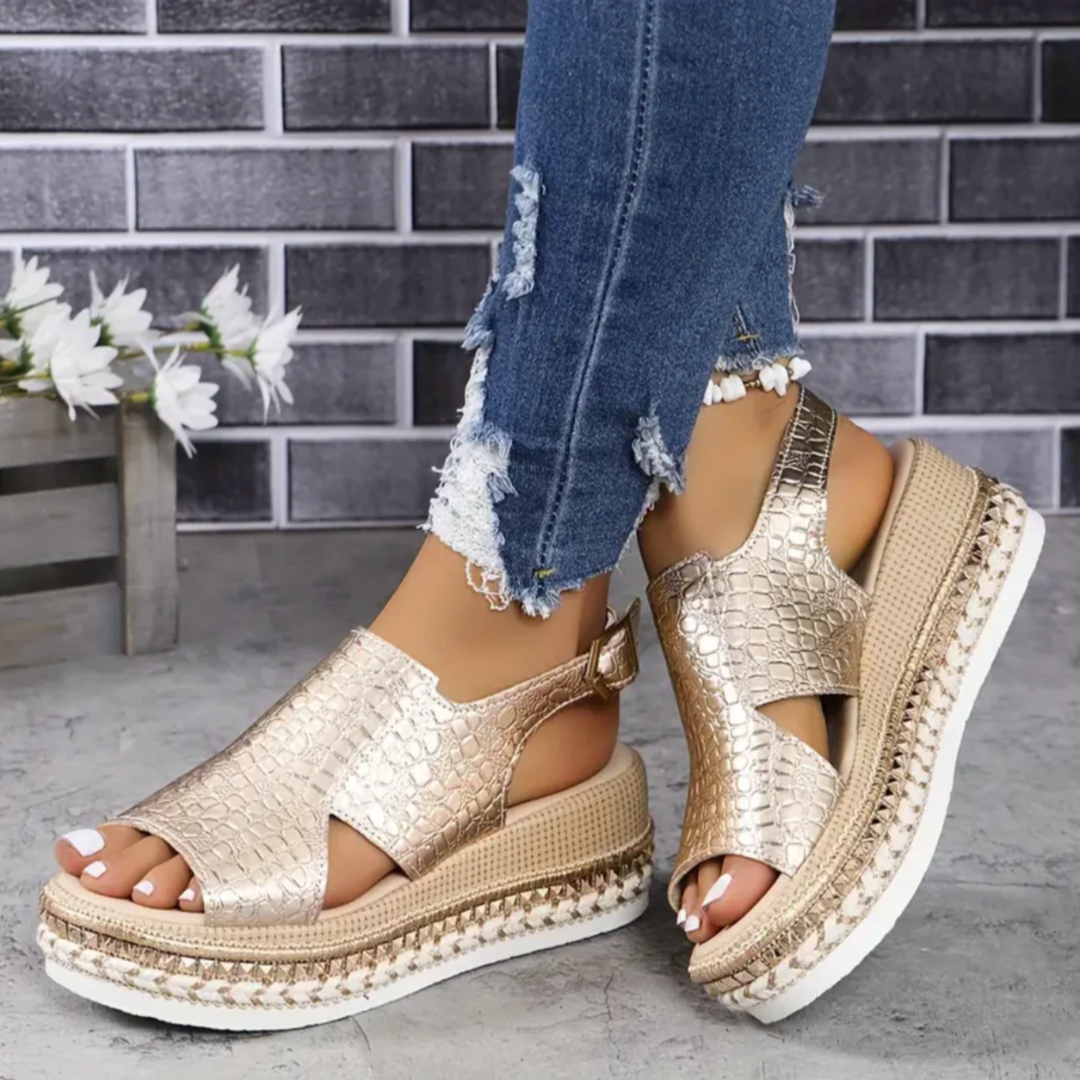 Croc-Embossed Espadrille Flatform Sandals