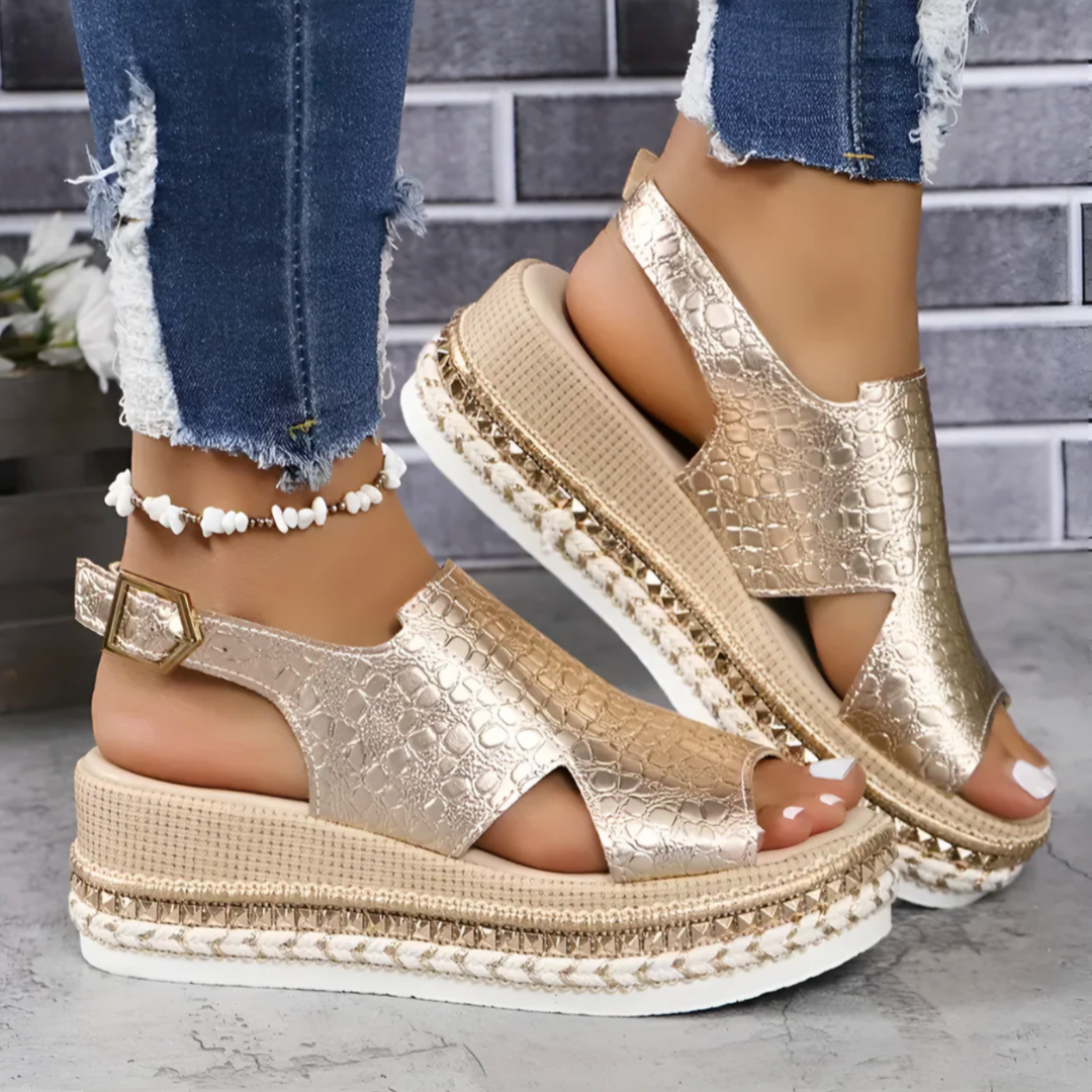 Croc-Embossed Espadrille Flatform Sandals