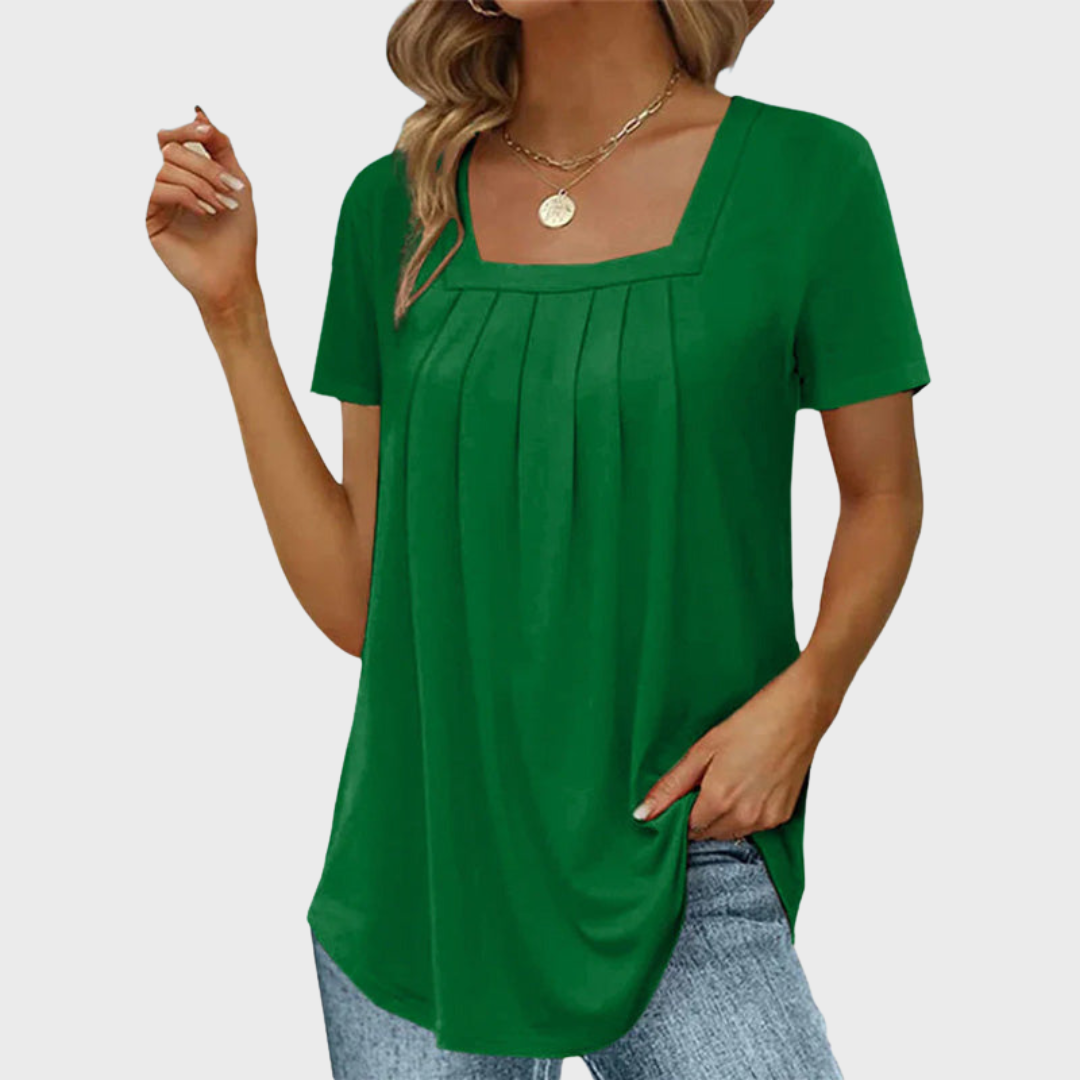 Square Neck Pleated Short Sleeve Top