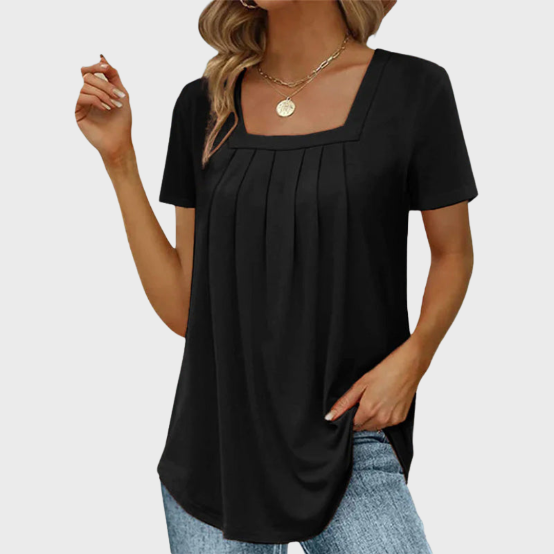 Square Neck Pleated Short Sleeve Top