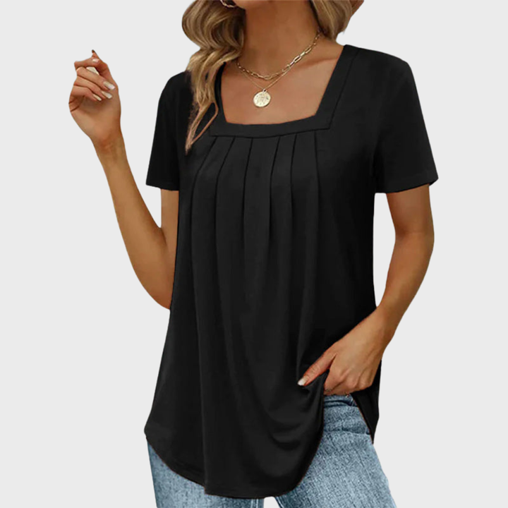 Square Neck Pleated Short Sleeve Top