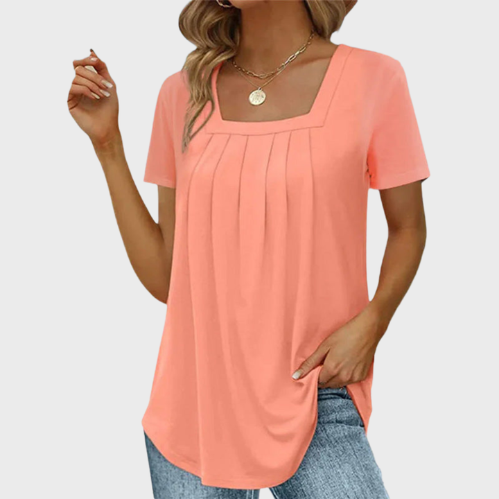 Square Neck Pleated Short Sleeve Top