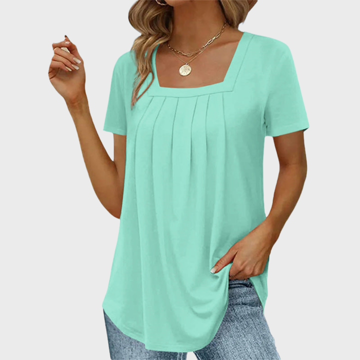 Square Neck Pleated Short Sleeve Top