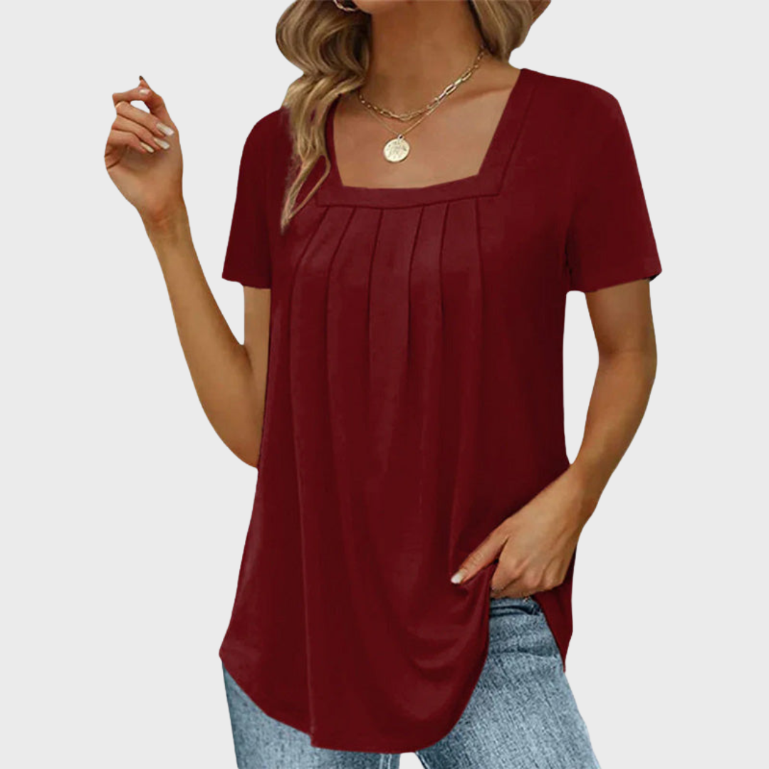 Square Neck Pleated Short Sleeve Top