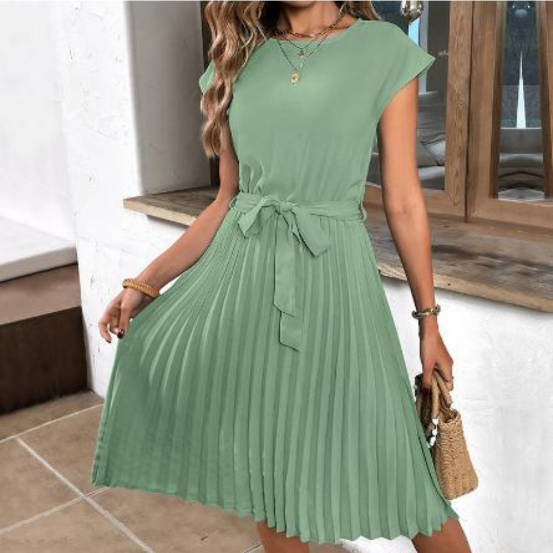 Pleated Midi A Line Dress with Tie Belt
