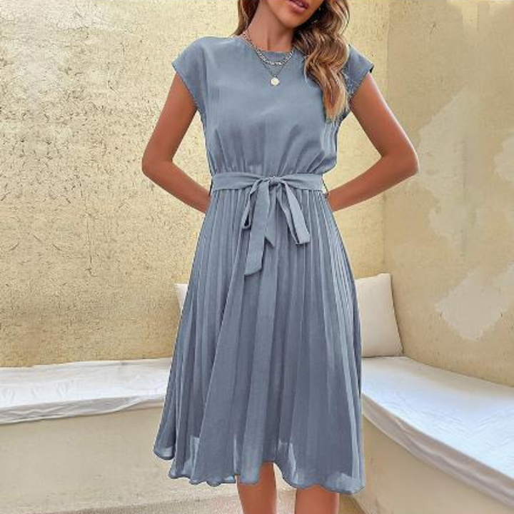 Pleated Midi A Line Dress with Tie Belt