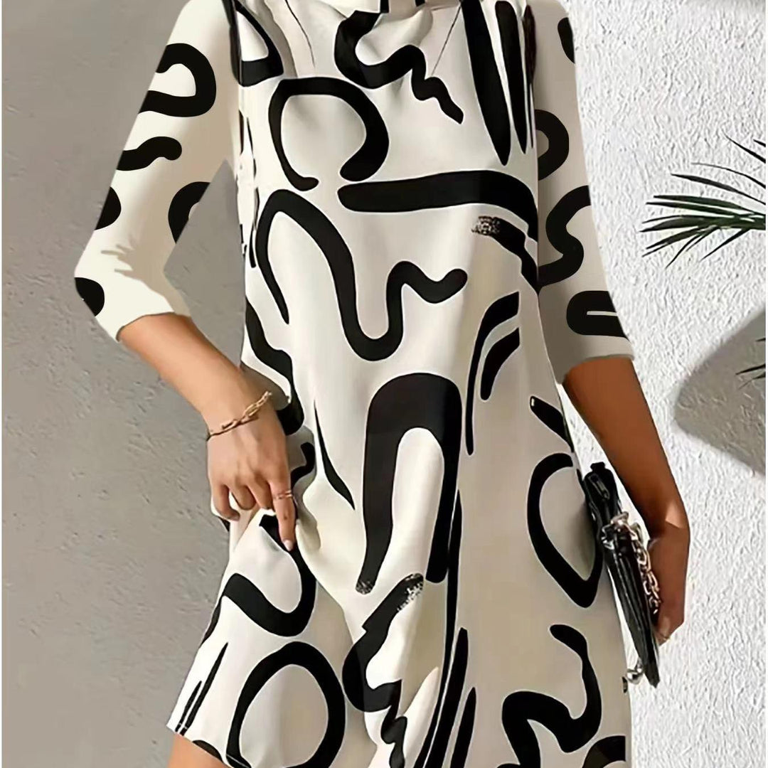 Modern Abstract Print Mock Neck Dress