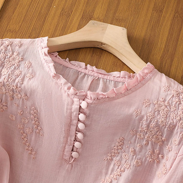 Embroidered Frill Neck 3/4 Sleeve Blouse