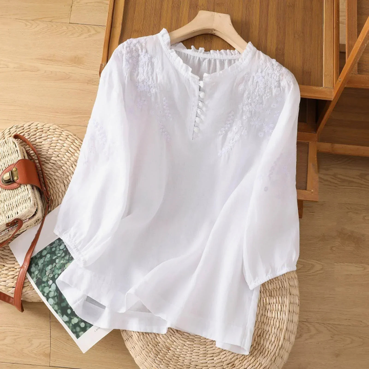 Embroidered Frill Neck 3/4 Sleeve Blouse