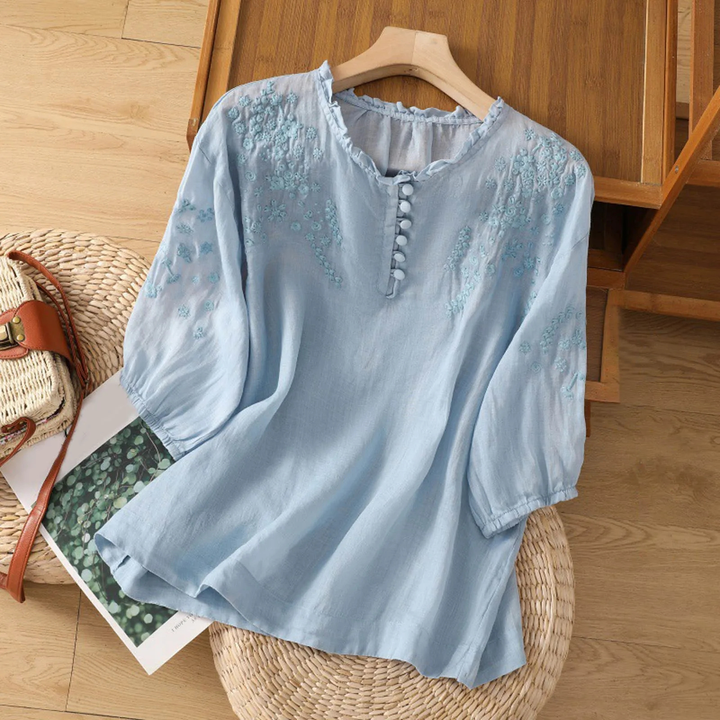 Embroidered Frill Neck 3/4 Sleeve Blouse