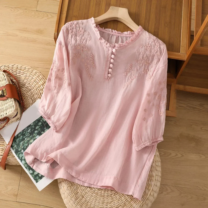 Embroidered Frill Neck 3/4 Sleeve Blouse
