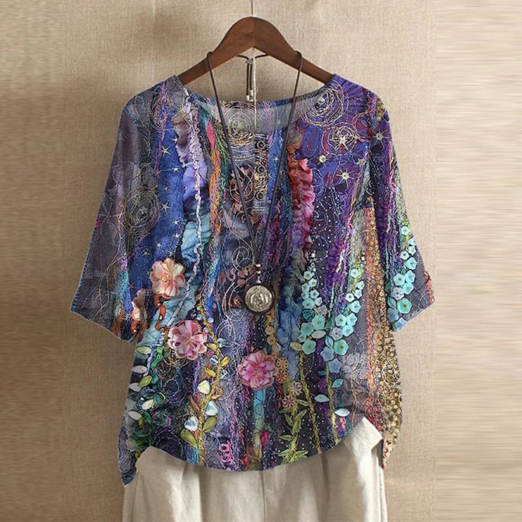 Vintage Print Round Neck Half Sleeve Blouse