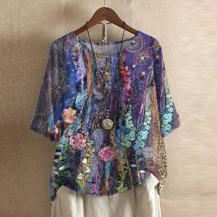 Vintage Print Round Neck Half Sleeve Blouse