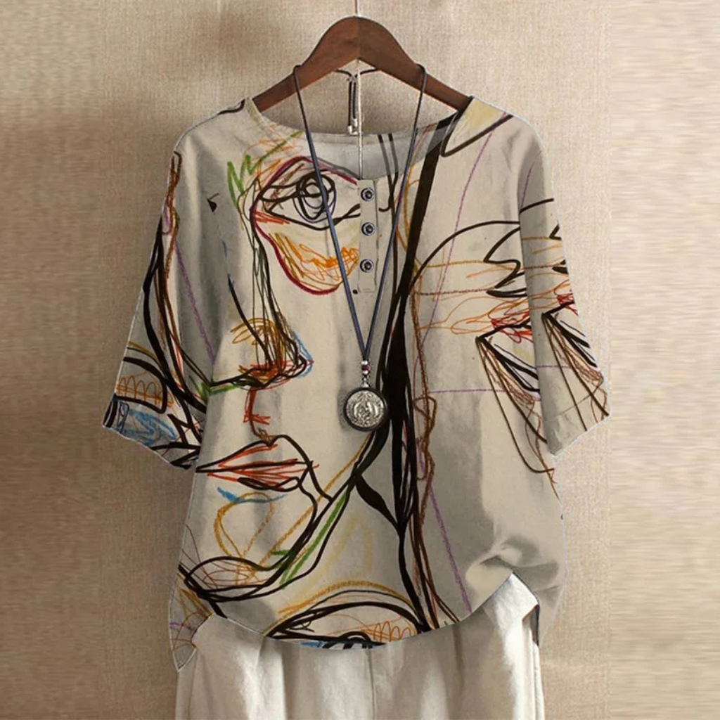 Vintage Print Round Neck Half Sleeve Blouse