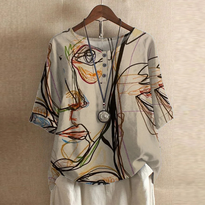 Vintage Print Round Neck Half Sleeve Blouse