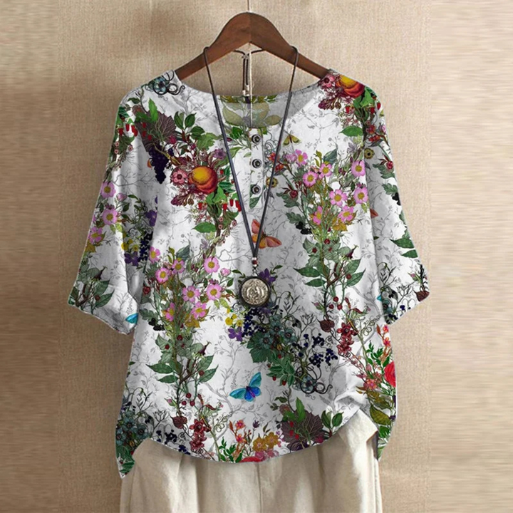 Vintage Print Round Neck Half Sleeve Blouse