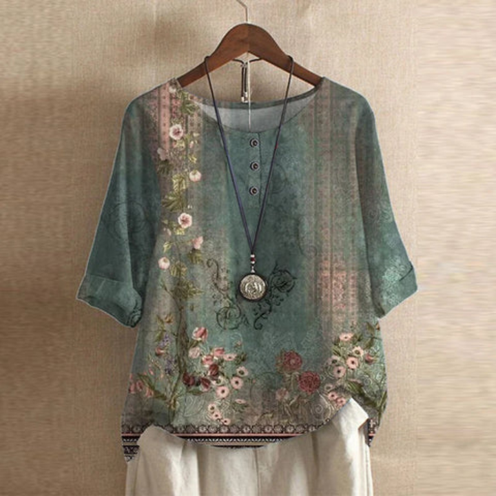 Vintage Print Round Neck Half Sleeve Blouse