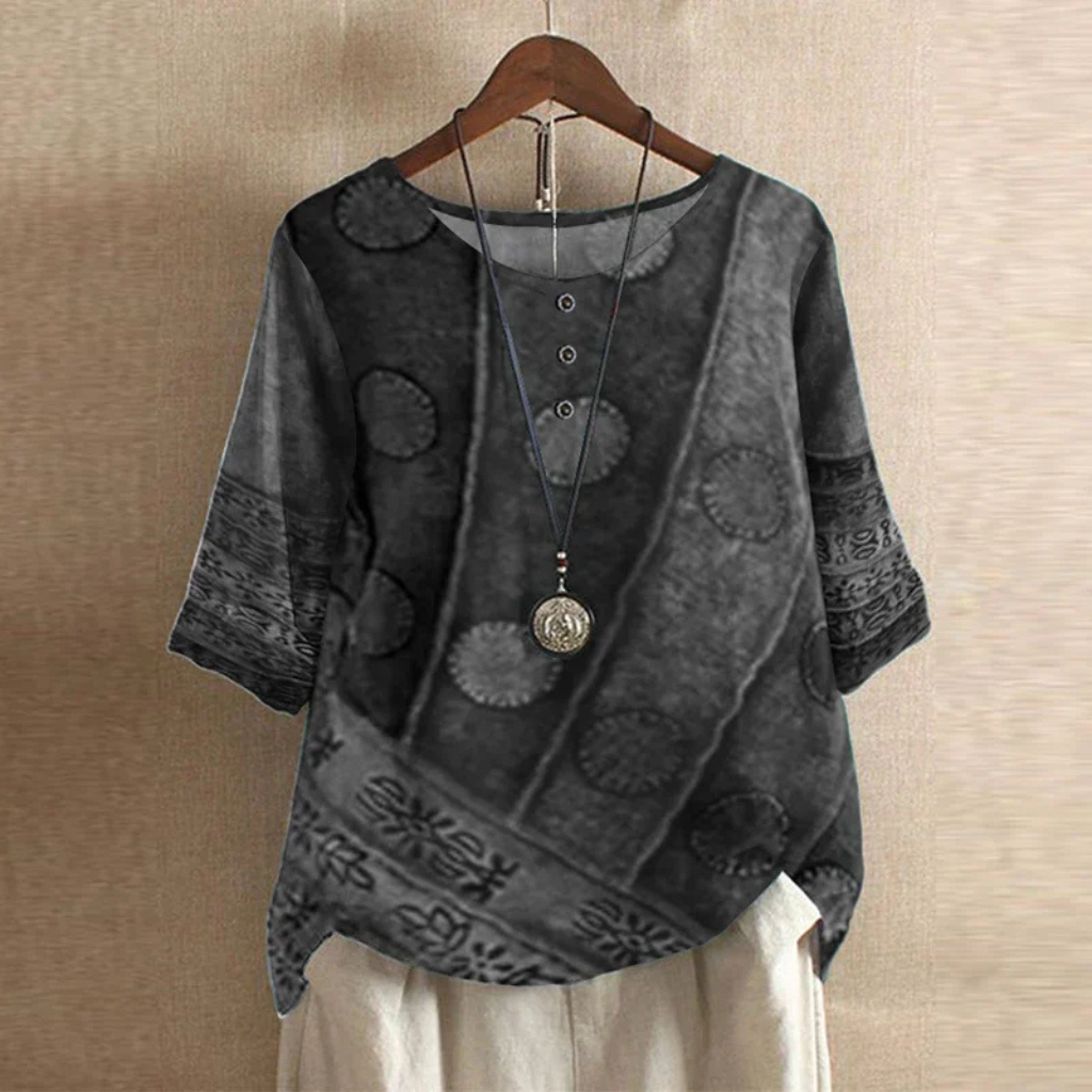 Vintage Print Round Neck Half Sleeve Blouse