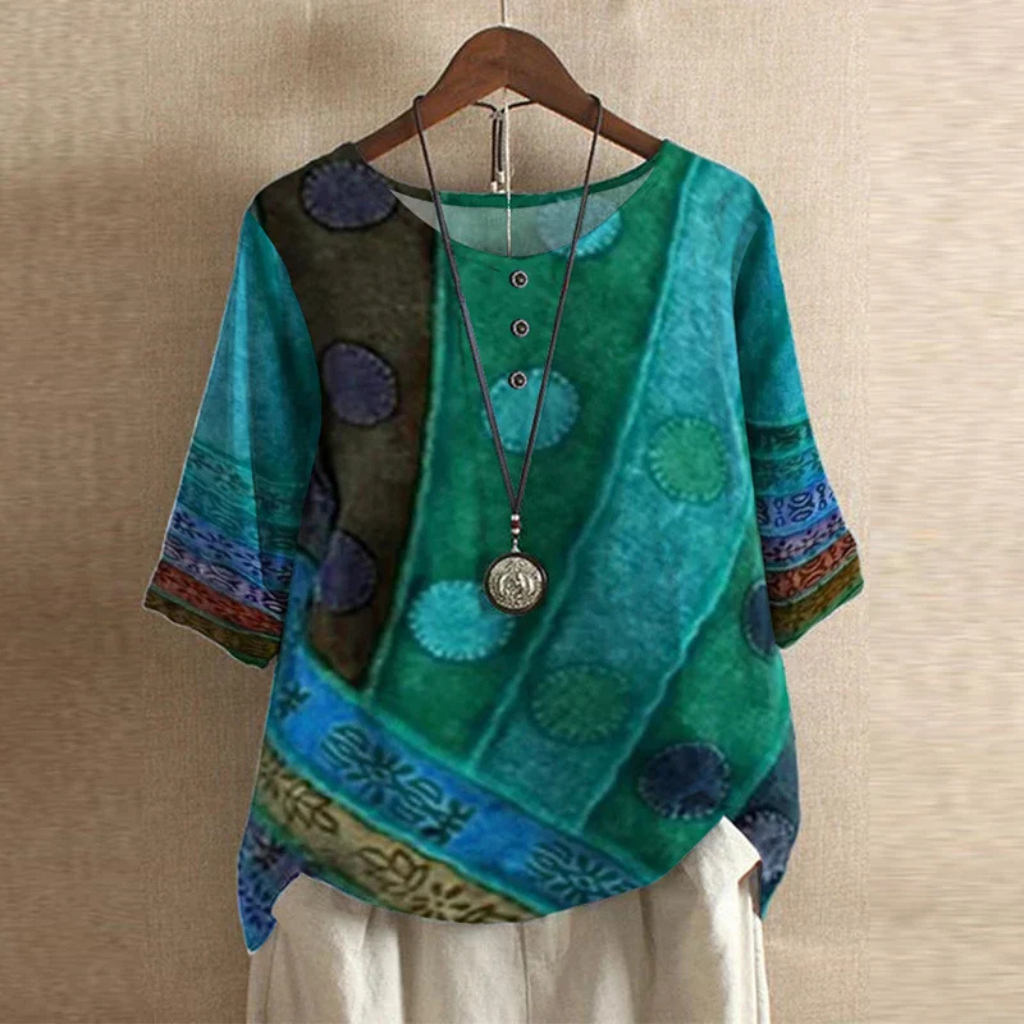 Vintage Print Round Neck Half Sleeve Blouse