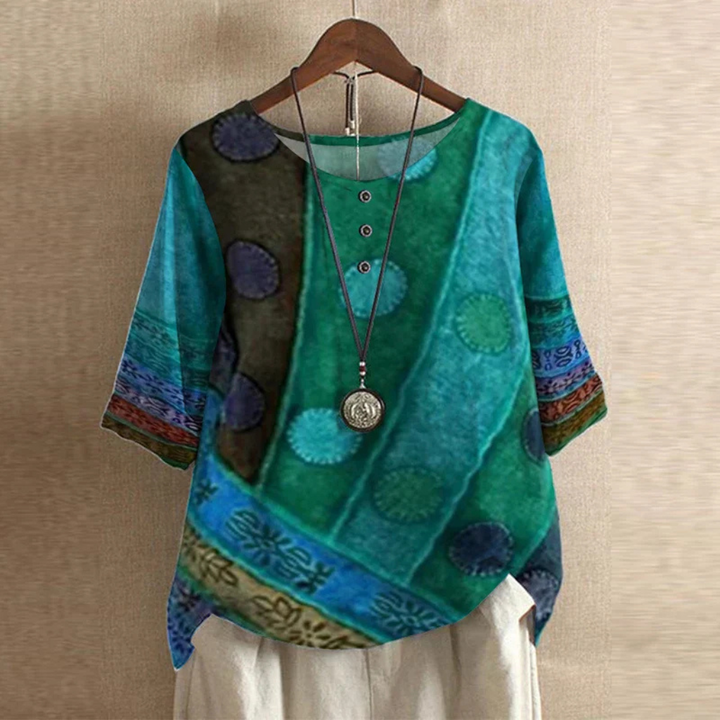Vintage Print Round Neck Half Sleeve Blouse