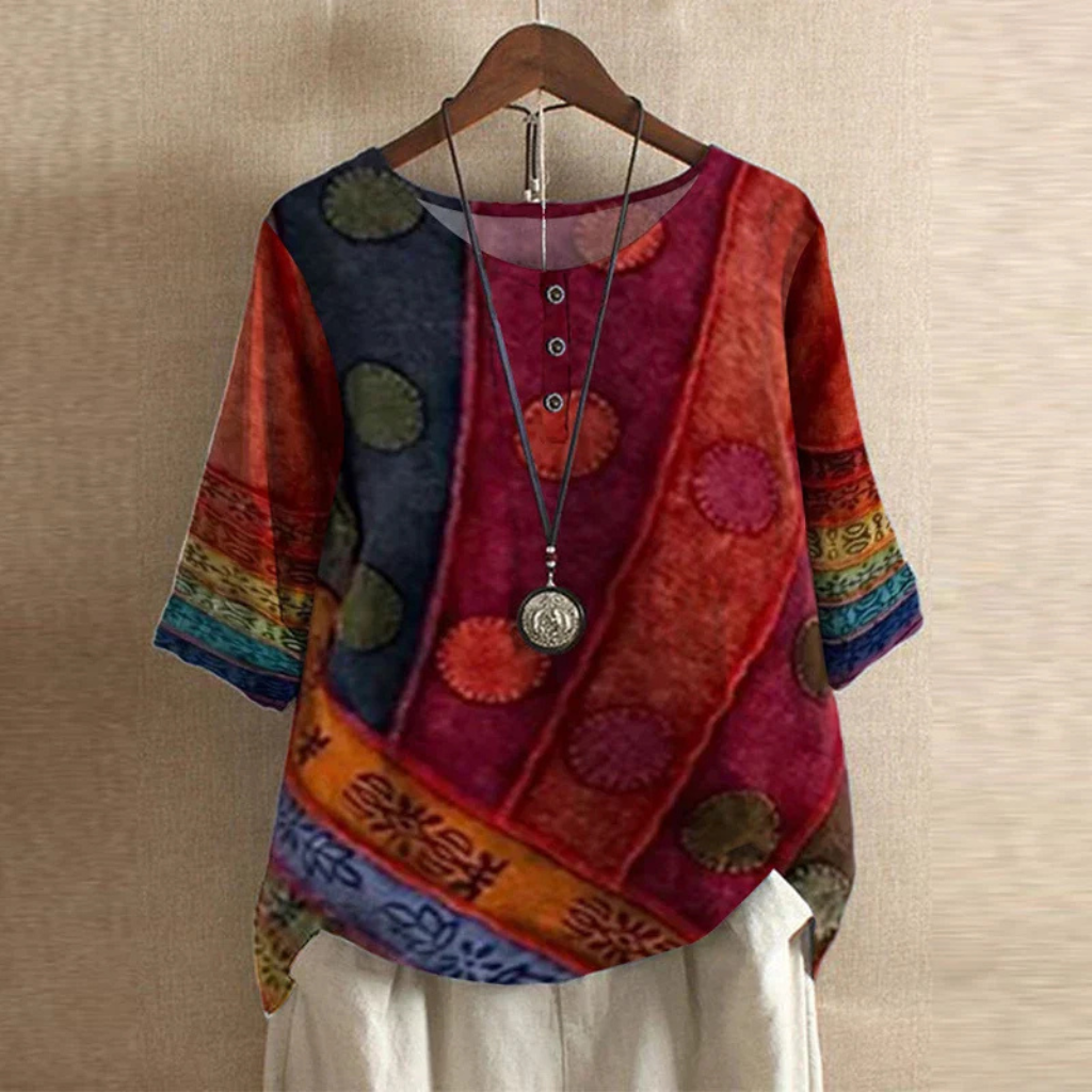 Vintage Print Round Neck Half Sleeve Blouse