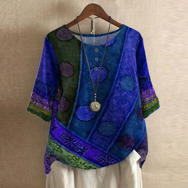 Vintage Print Round Neck Half Sleeve Blouse