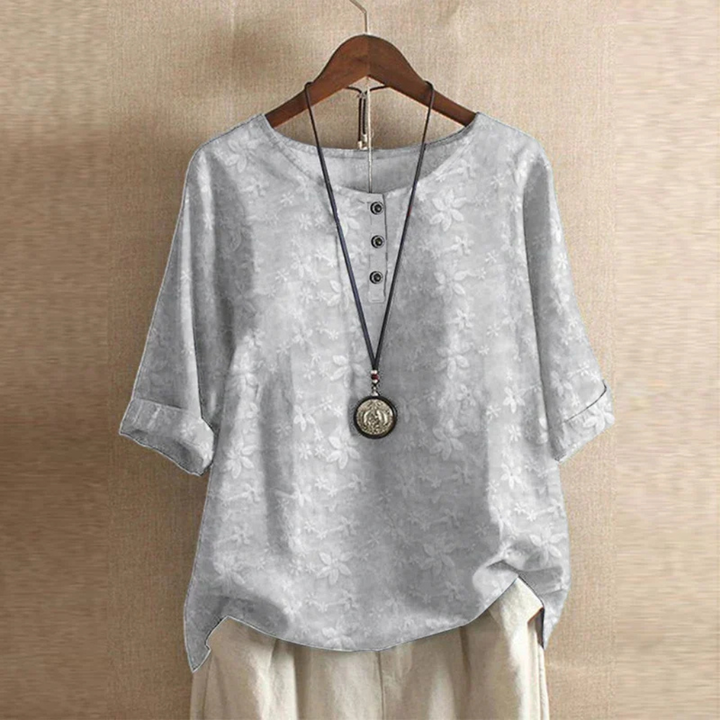 Vintage Print Round Neck Half Sleeve Blouse