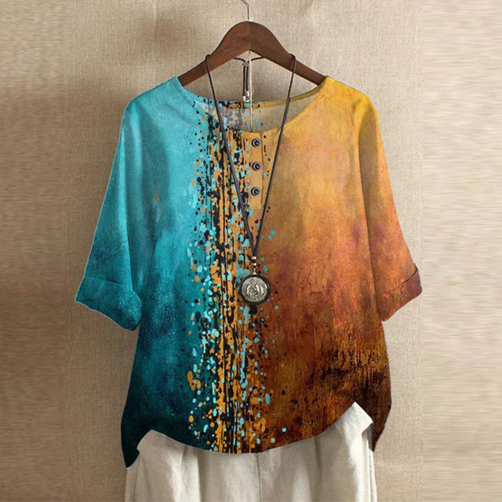Vintage Print Round Neck Half Sleeve Blouse