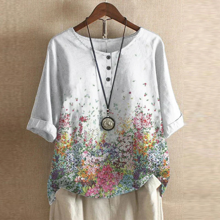 Vintage Print Round Neck Half Sleeve Blouse
