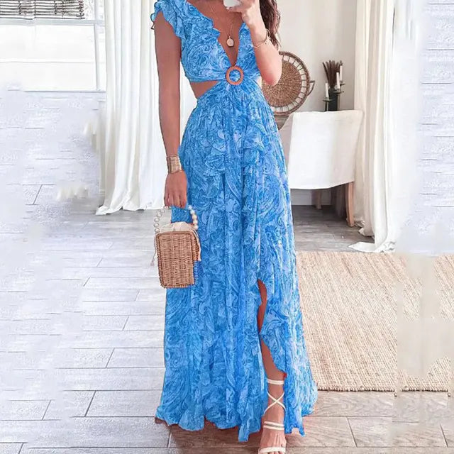 Floral Cut Out Maxi Dress with Ruffle Sleeves
