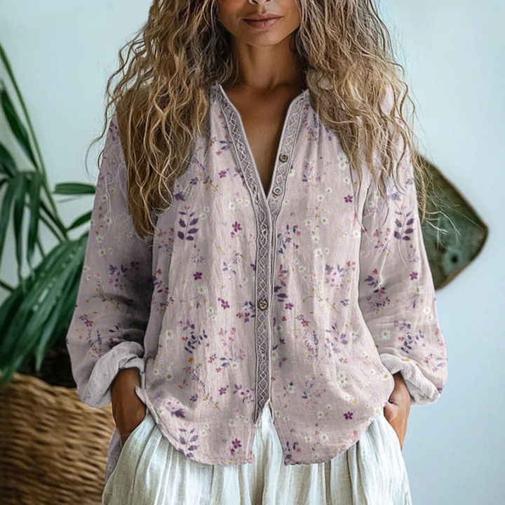 Boho Print V-Neck Button-Down Blouse