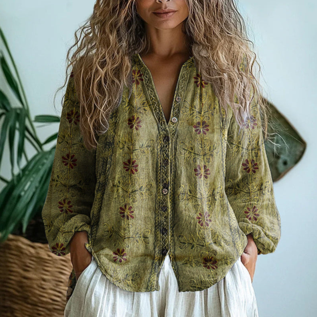 Boho Print V-Neck Button-Down Blouse