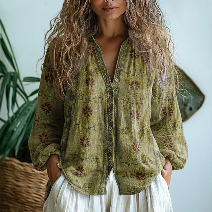 Boho Print V-Neck Button-Down Blouse