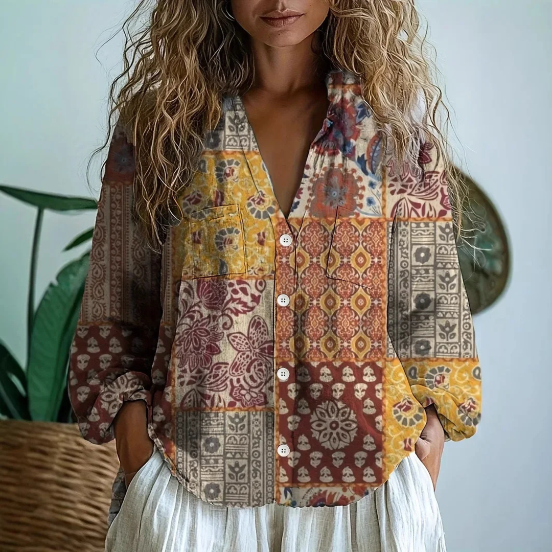 Boho Print V-Neck Button-Down Blouse