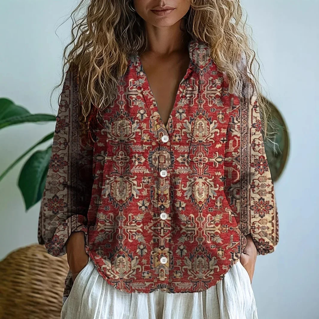 Boho Print V-Neck Button-Down Blouse