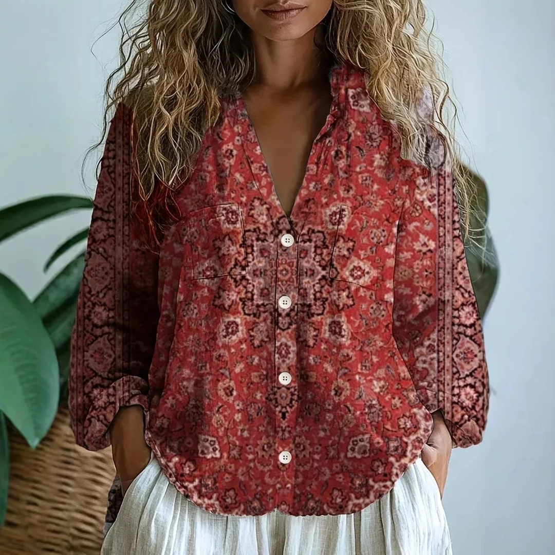 Boho Print V-Neck Button-Down Blouse