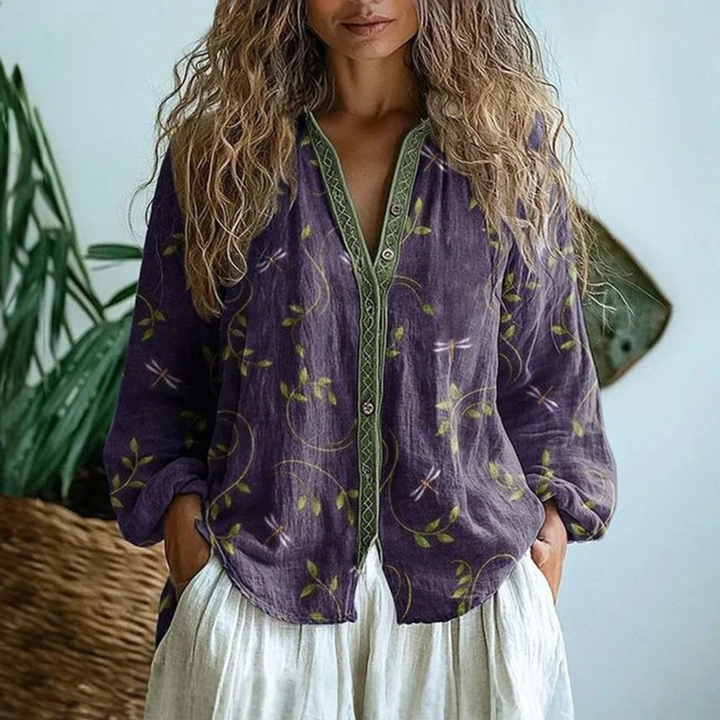 Boho Print V-Neck Button-Down Blouse