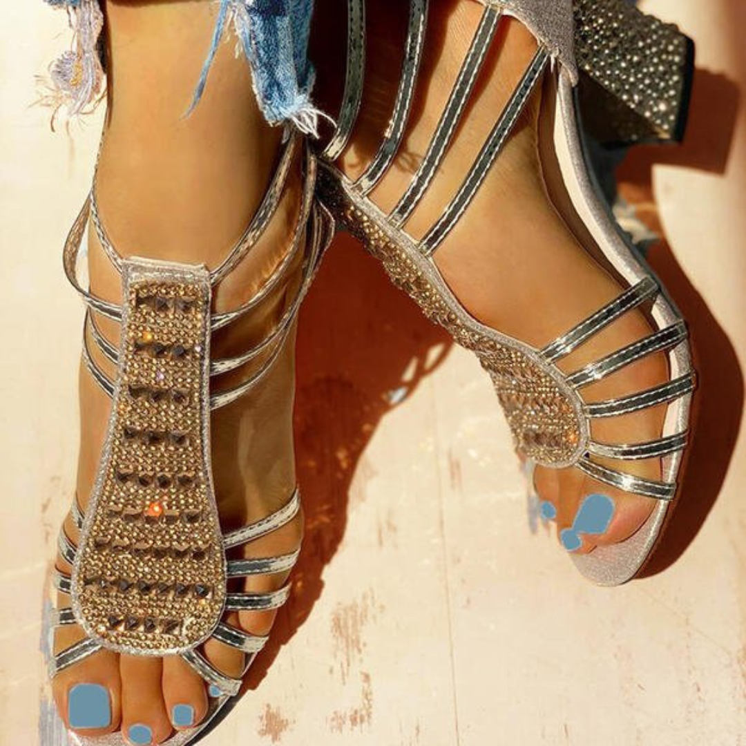 Rhinestone Strappy Caged Block Heel Sandals