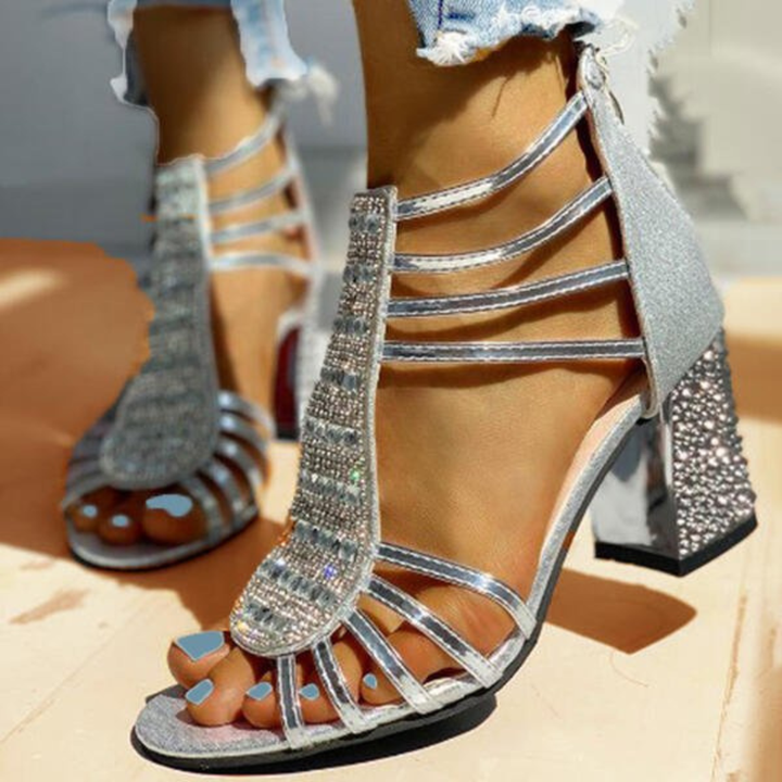 Rhinestone Strappy Caged Block Heel Sandals