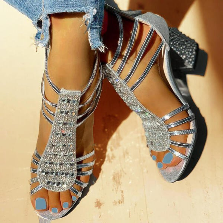 Rhinestone Strappy Caged Block Heel Sandals