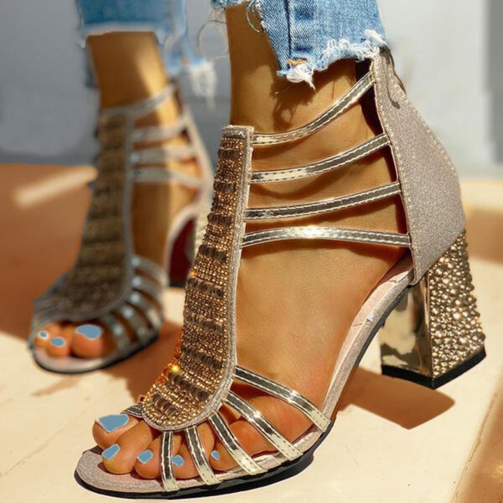 Rhinestone Strappy Caged Block Heel Sandals