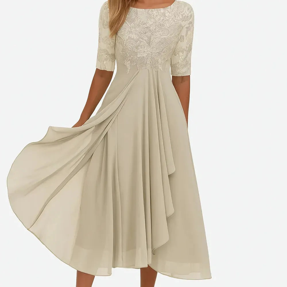 Lace-Trim Chiffon-Look Midi Dress