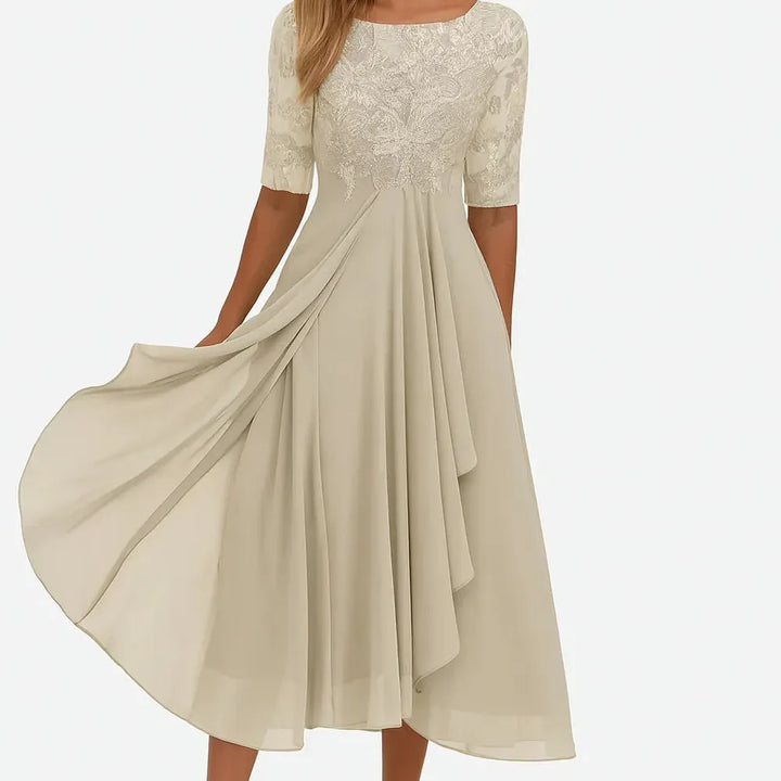 Lace-Trim Chiffon-Look Midi Dress