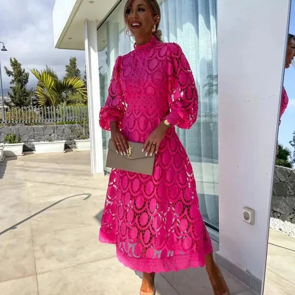 Lace-Look Long Sleeve Evening Dress
