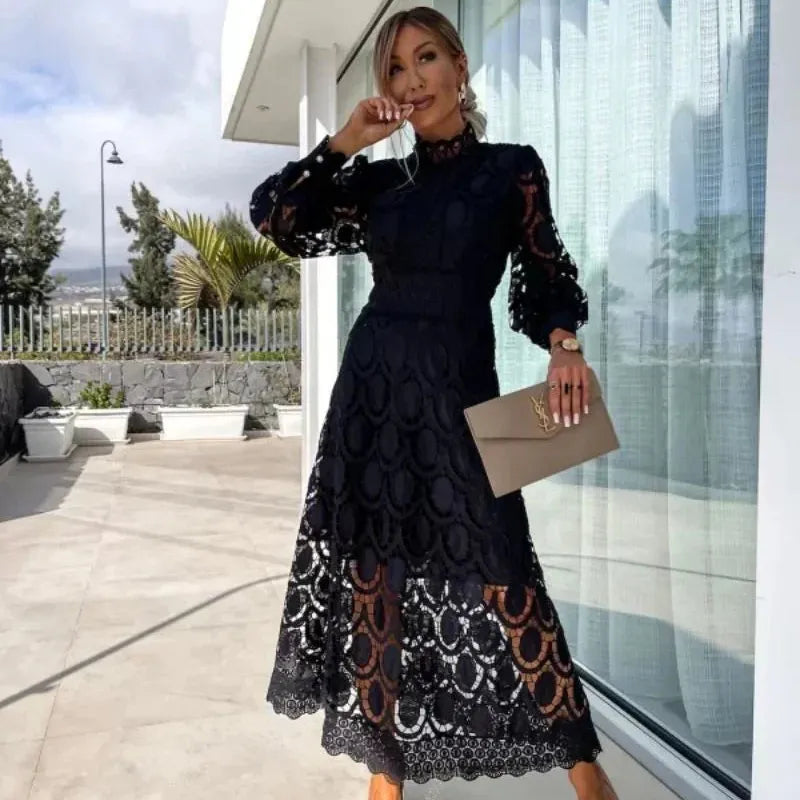 Lace-Look Long Sleeve Evening Dress